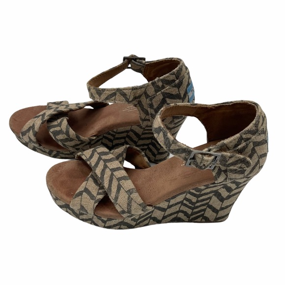 Toms Peep Toe Wedge Sandals Print Gray Cream 7.5 - Picture 3 of 11